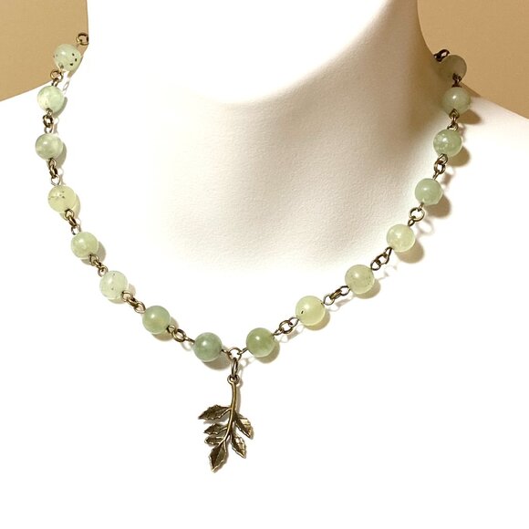 Natural Mint Green Serpentine Necklace, Bronze Leaf Branch + Genuine Gemstone - Picture 2 of 16